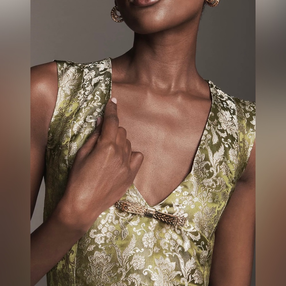 Anthropologie Olive Green Brocade V-Neck Sheath Dress - Picture 2 of 7